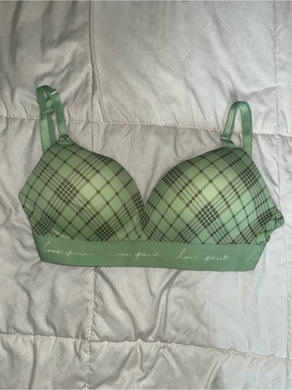 PINK Victoria's Secret Light Green Plaid Wireless Bra